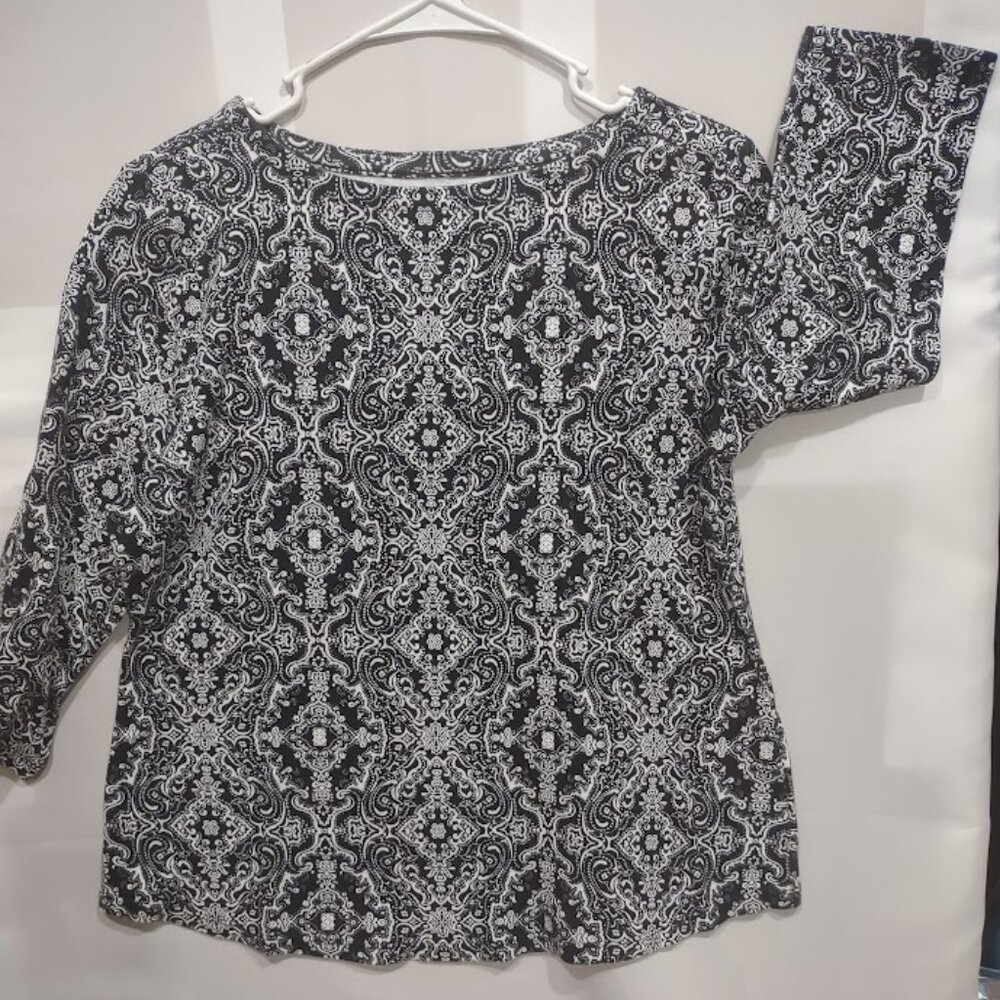 CHARTER CLUB BLACK AND WHITE 3/4 SLEEVE BLOUSE PIMA COTTON WOMEN'S SIZE PL